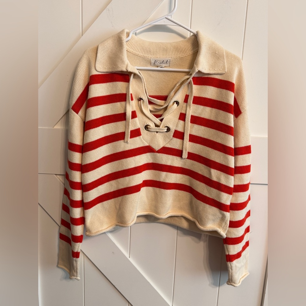 Marled Cream and Red Knit Sweater Tie Front Women Sweater Longer Cropped Length - Picture 1 of 5